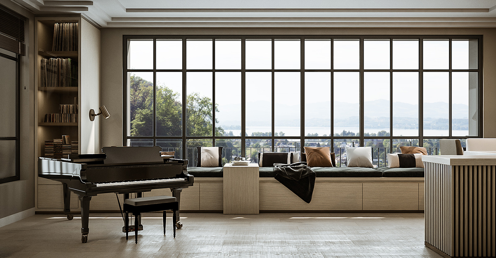 piano room with black piano, seating bench below the vast window facing the lake