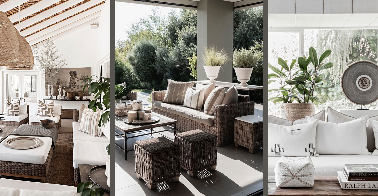 wintergarden with African artworks, terrace with raffia sofa and living room with white linen sofa