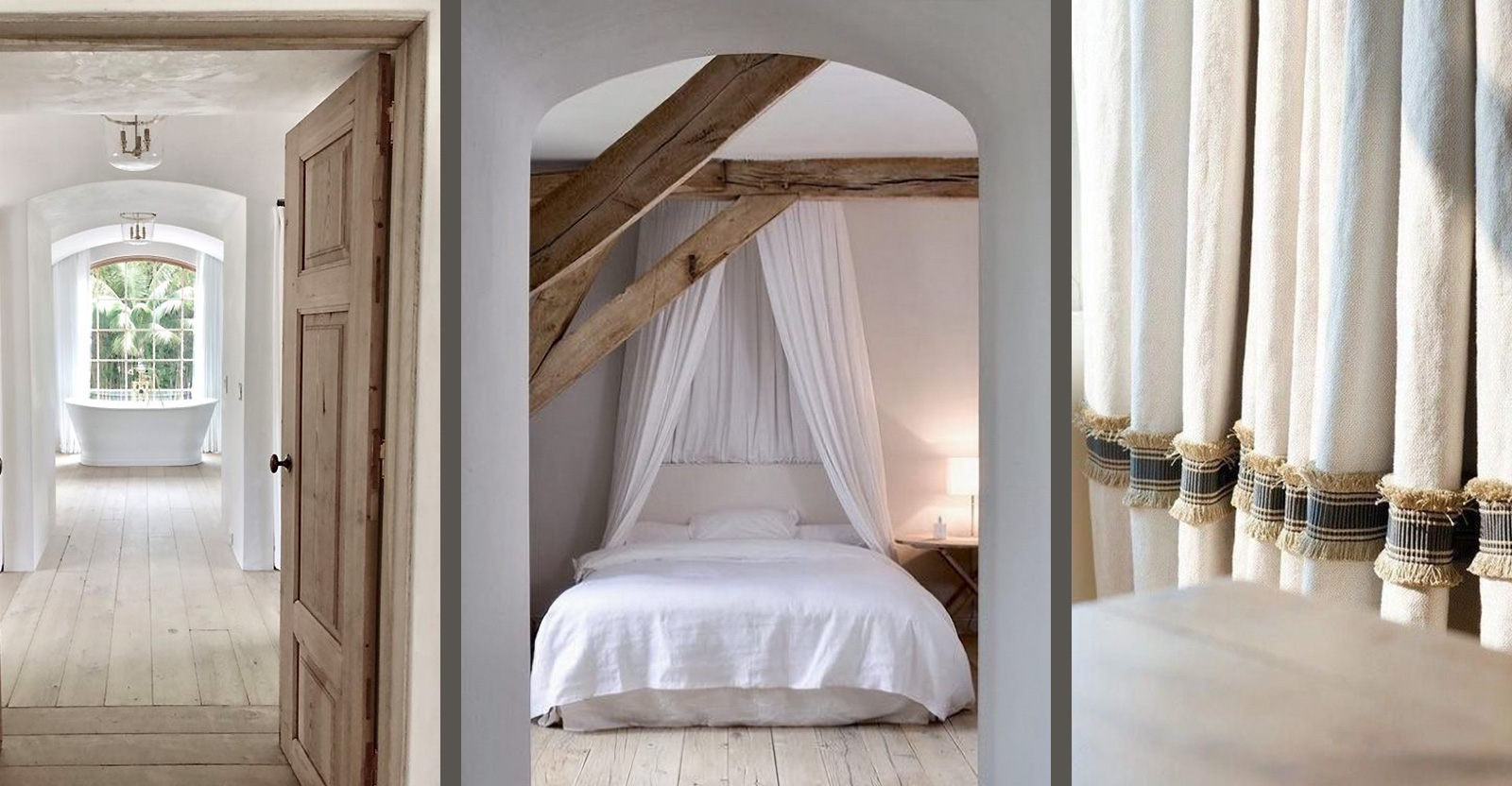 wooden door frame, bedroom with white linens and wooden beams, curtain with detail stiching